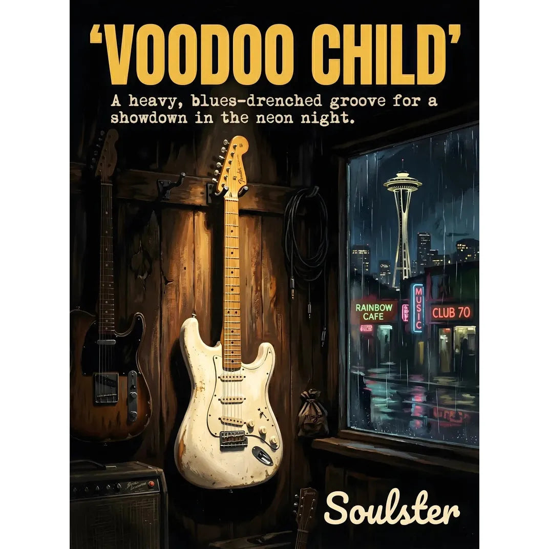 Soulster Manchester Edition wall art print showing a cinematic pulp style design of a Vintage Guitar inspired by Voodoo Child - Seattle.