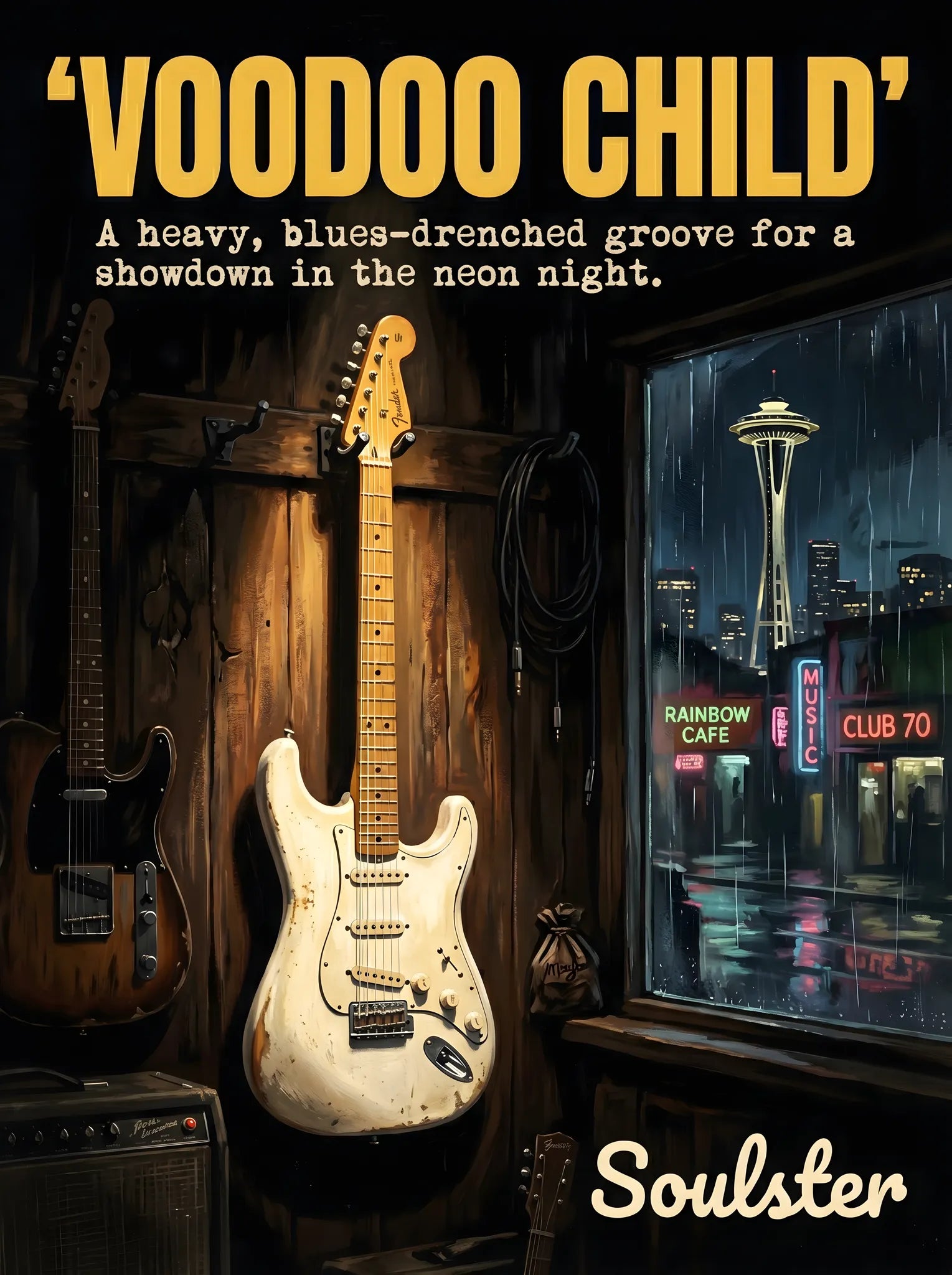 Soulster Manchester Edition wall art print showing a cinematic pulp style design of a Vintage Guitar inspired by Voodoo Child - Seattle.