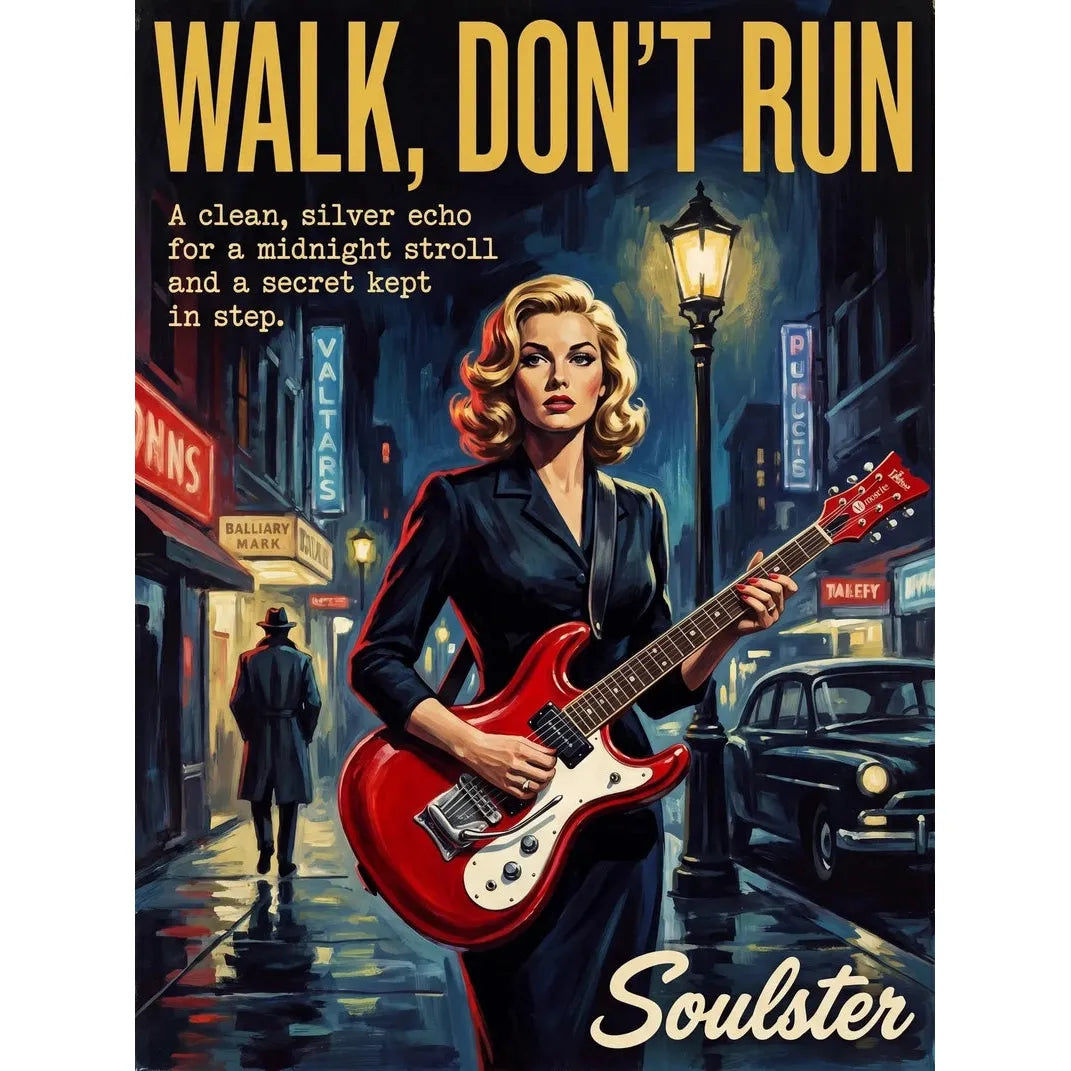 Soulster cinematic vintage pulp book cover art print illustration styled in a classic 1950s theme inspired by Walk, Don't Run.
