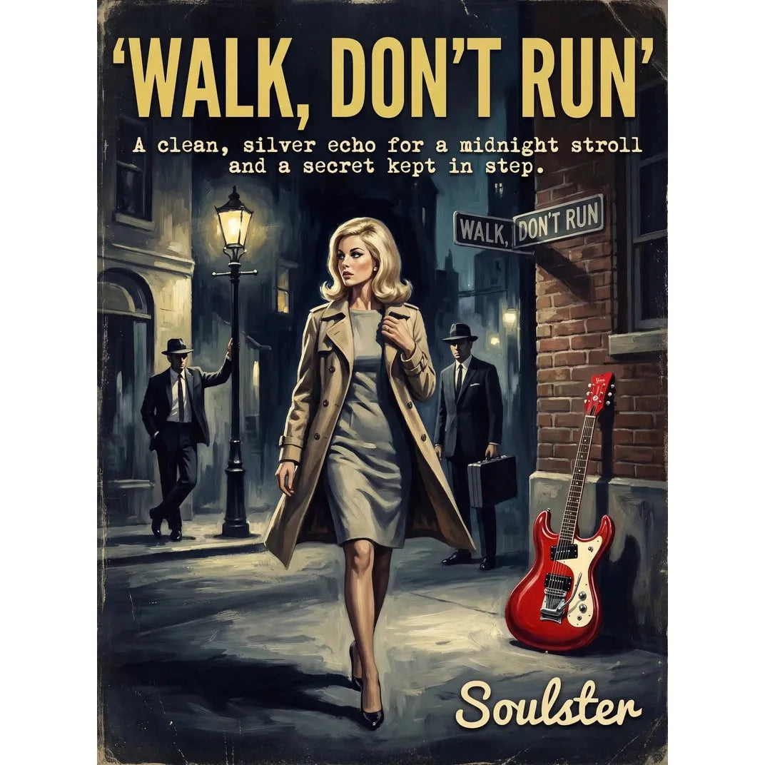 Soulster cinematic vintage pulp book cover art print illustration styled in a classic 1960s theme inspired by Walk, Don't Run.