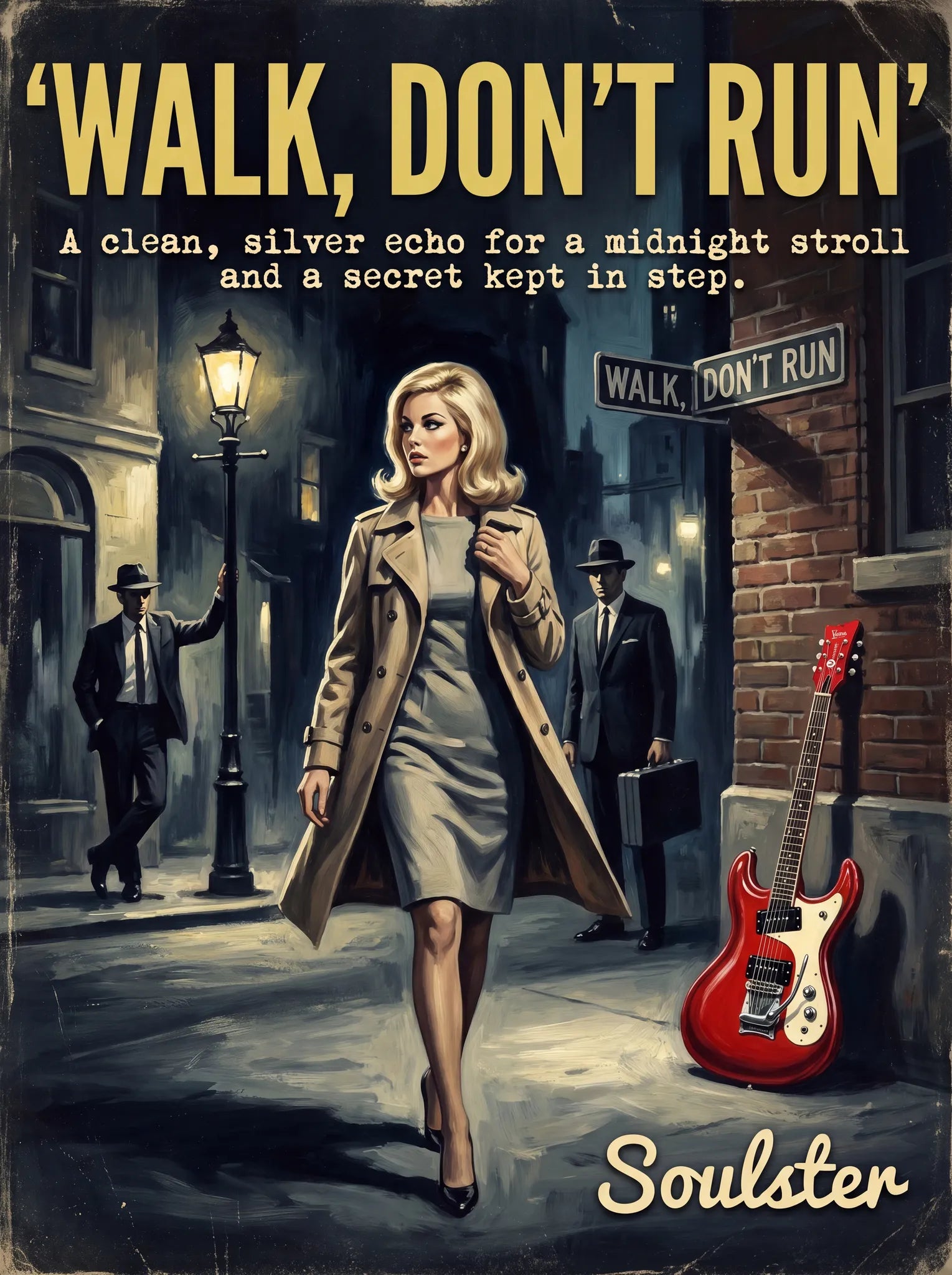 Soulster cinematic vintage pulp book cover art print illustration styled in a classic 1960s theme inspired by Walk, Don't Run.