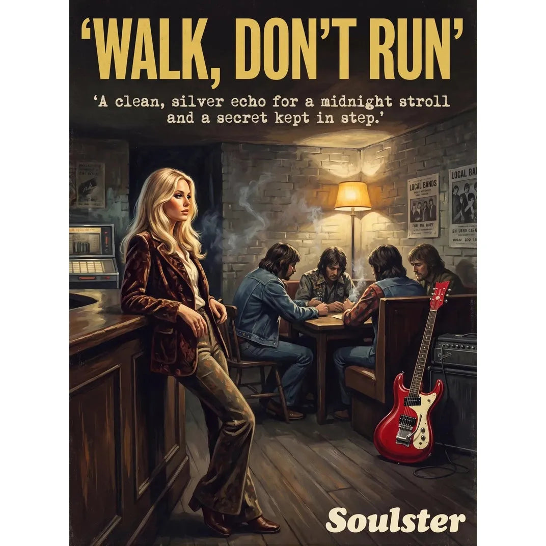 Soulster cinematic vintage pulp book cover art print illustration styled in a classic 1970s theme inspired by Walk, Don't Run.