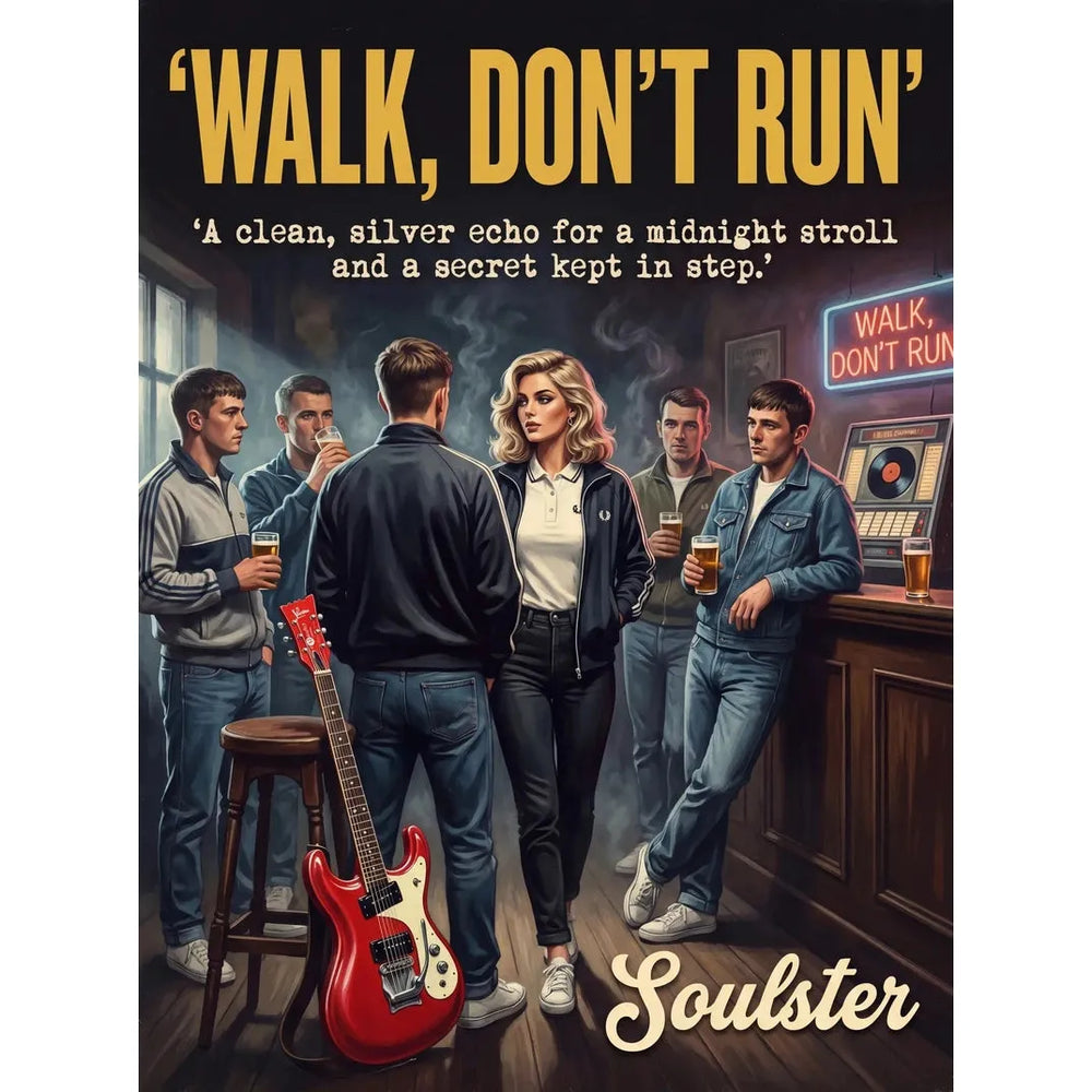 Soulster retro pulp thriller book cover style art print illustration inspired by Alternative Indie - Walk, Don't Run.