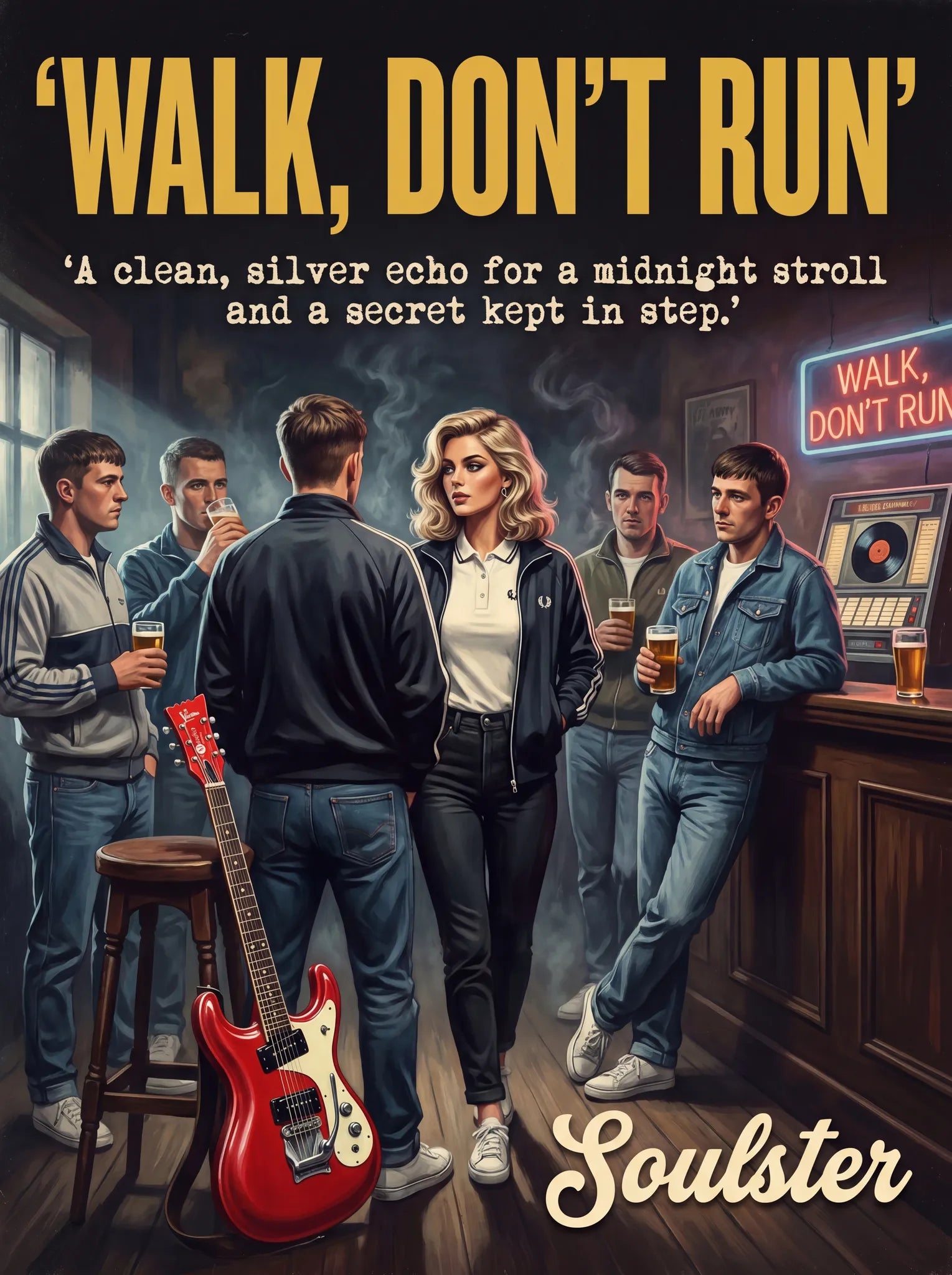 Soulster retro pulp thriller book cover style art print illustration inspired by Alternative Indie - Walk, Don't Run.