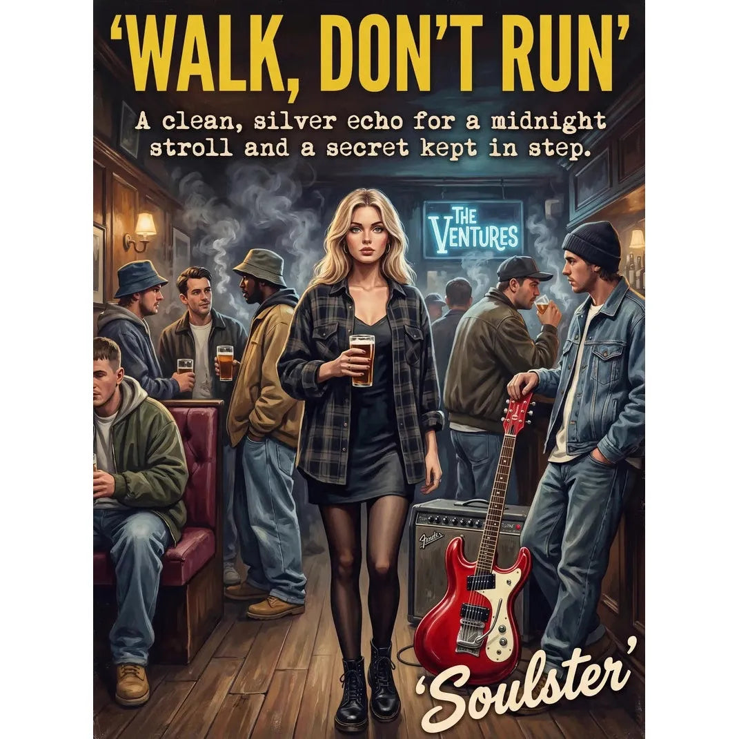 Soulster cinematic vintage pulp book cover art print illustration styled in a classic 1990s theme inspired by Walk, Don't Run.