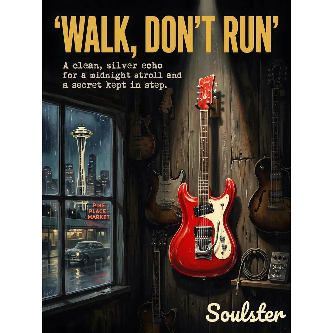 Soulster Manchester Edition wall art print showing a cinematic pulp style design of a Vintage Guitar inspired by Walk, Don't Run - Seattle.