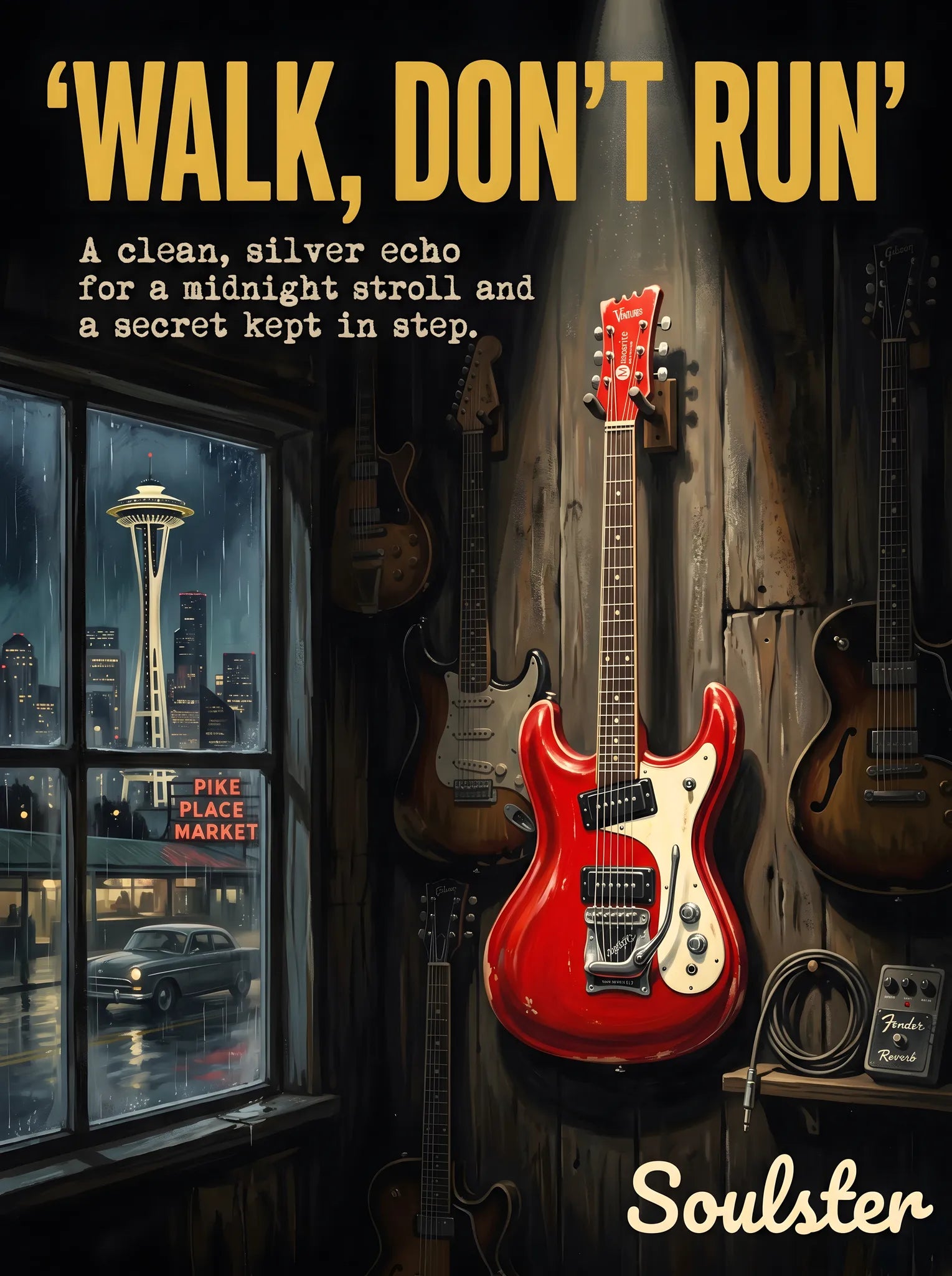 Soulster Manchester Edition wall art print showing a cinematic pulp style design of a Vintage Guitar inspired by Walk, Don't Run - Seattle.