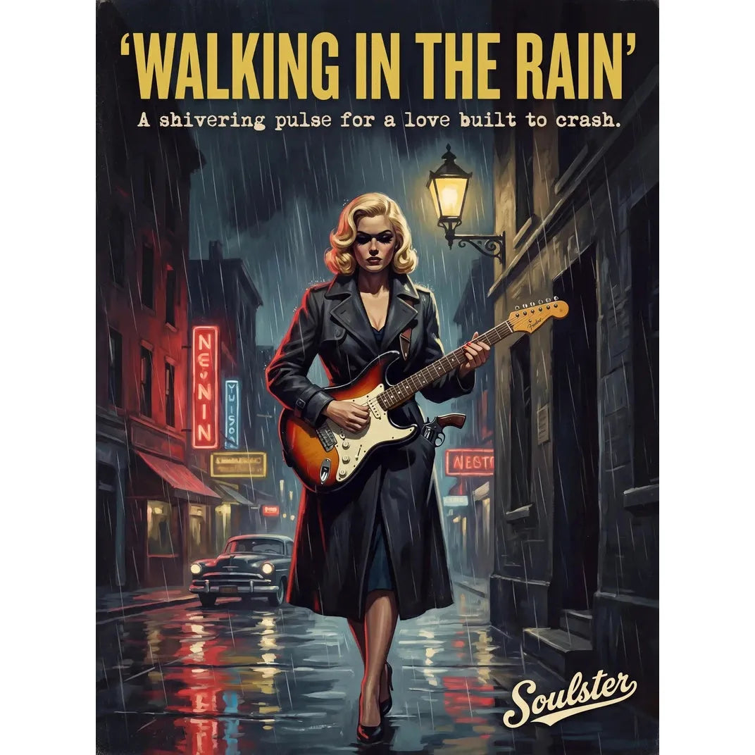 Soulster cinematic vintage pulp book cover art print illustration styled in a classic 1950s theme inspired by Walking In The Rain.