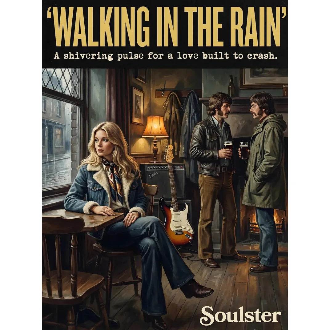 Soulster cinematic vintage pulp book cover art print illustration styled in a classic 1970s theme inspired by Walking In The Rain.