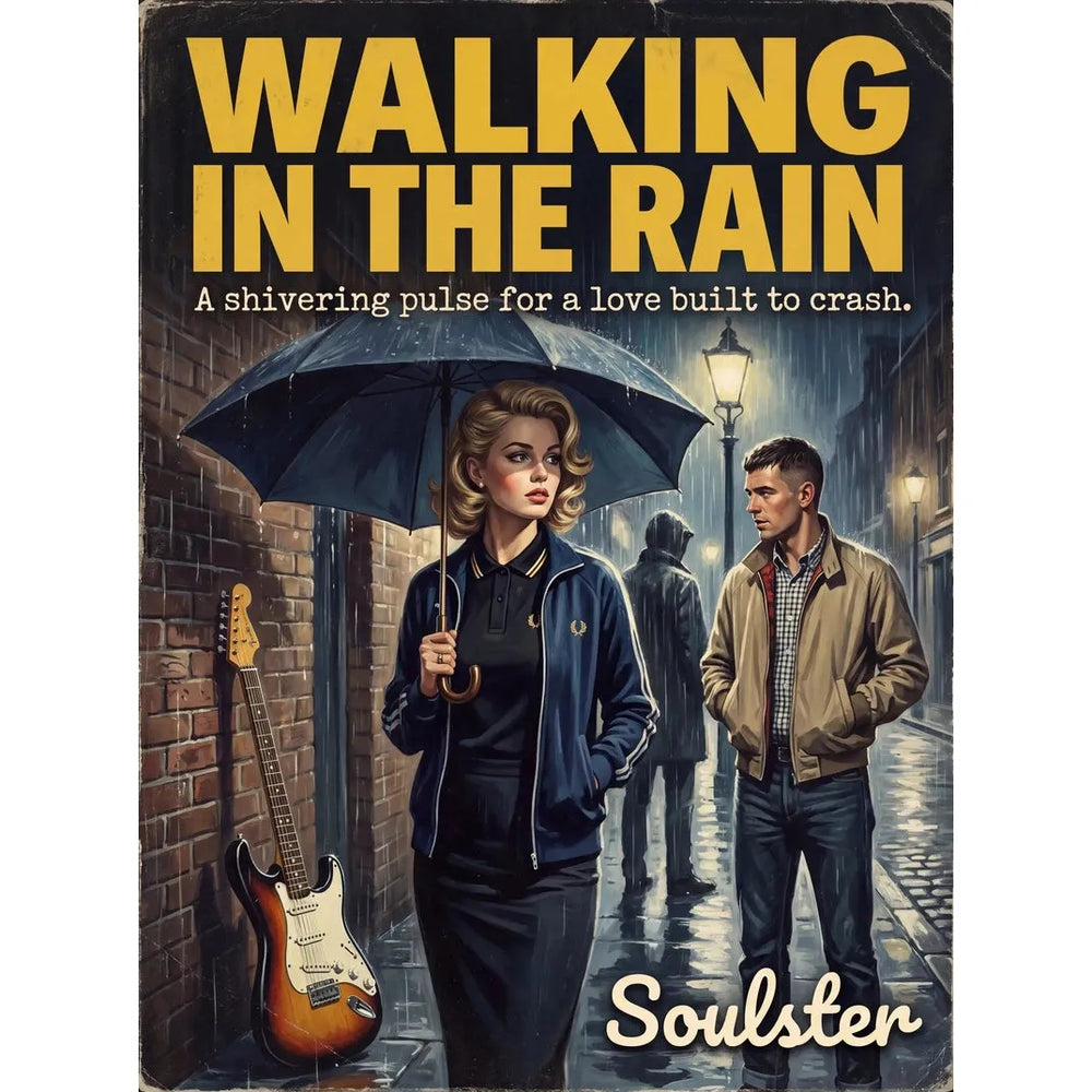 Soulster retro pulp thriller book cover style art print illustration inspired by Alternative Indie - Walking In The Rain.