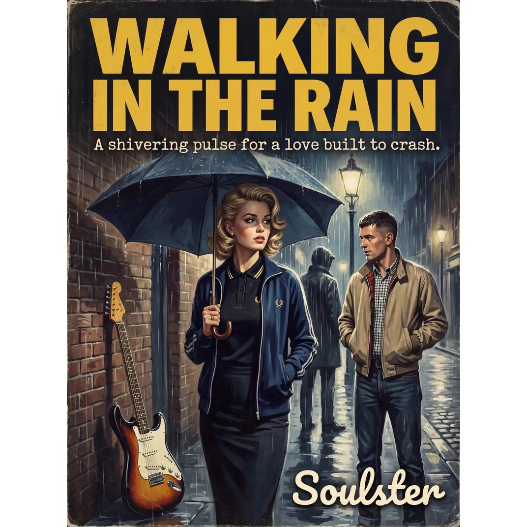 Soulster retro pulp thriller book cover style art print illustration inspired by Alternative Indie - Walking In The Rain.