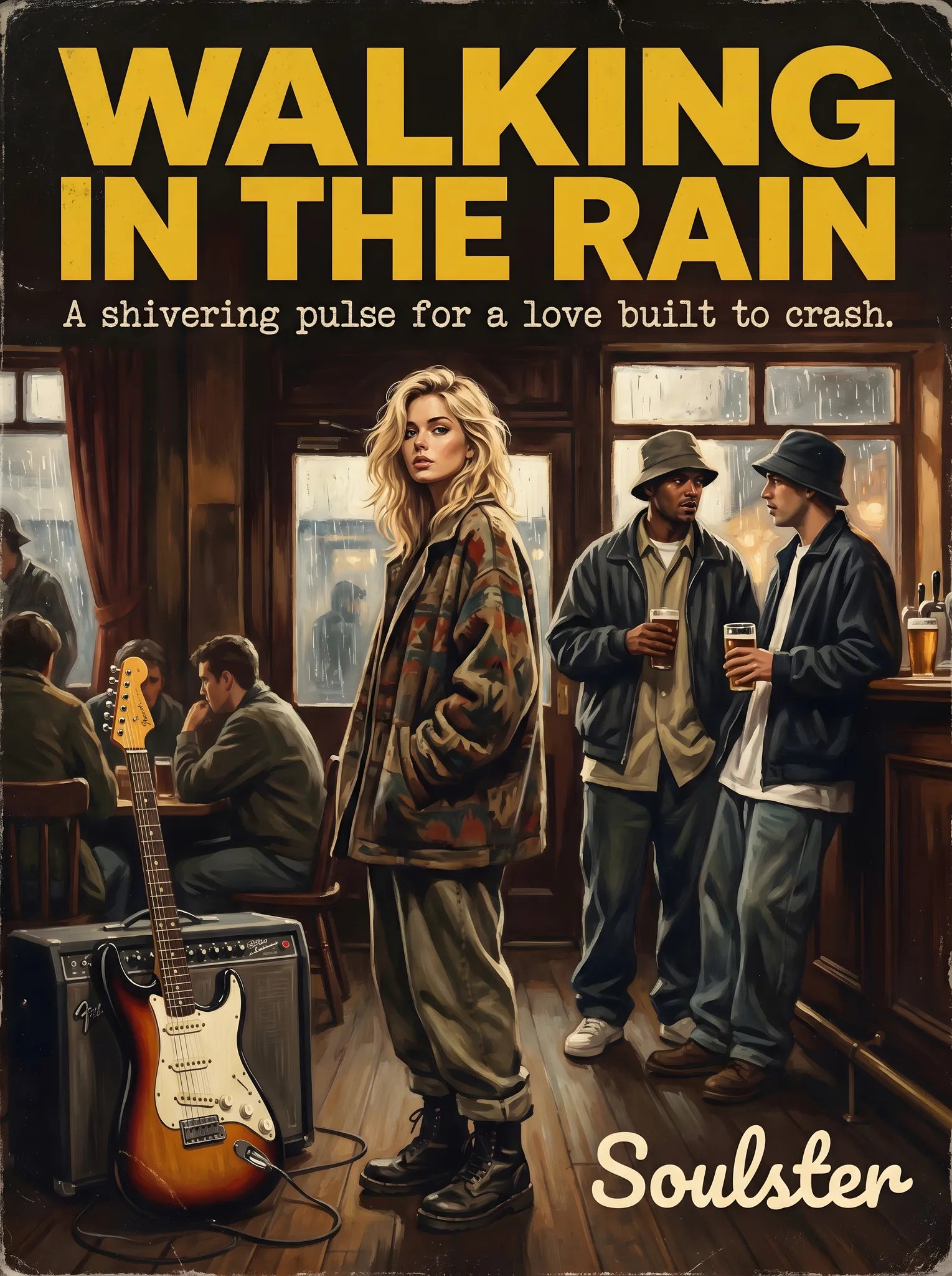 Soulster cinematic vintage pulp book cover art print illustration styled in a classic 1990s theme inspired by Walking In The Rain.