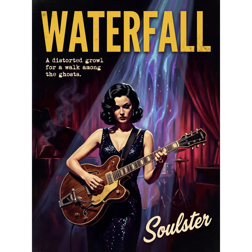 Soulster cinematic vintage pulp book cover art print illustration styled in a classic 1950s design layout inspired by Waterfall.