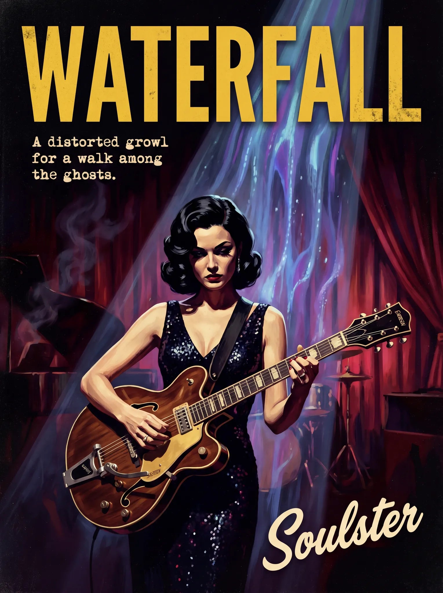 Soulster cinematic vintage pulp book cover art print illustration styled in a classic 1950s design layout inspired by Waterfall.