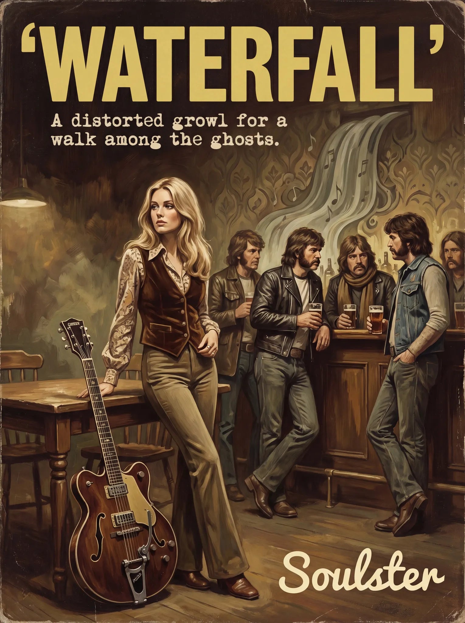 Soulster cinematic vintage pulp book cover art print illustration styled in a classic 1970s design layout inspired by Waterfall.