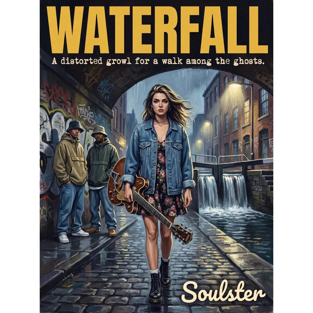 Soulster cinematic vintage pulp book cover art print illustration styled in a classic 1990s design layout inspired by Waterfall.