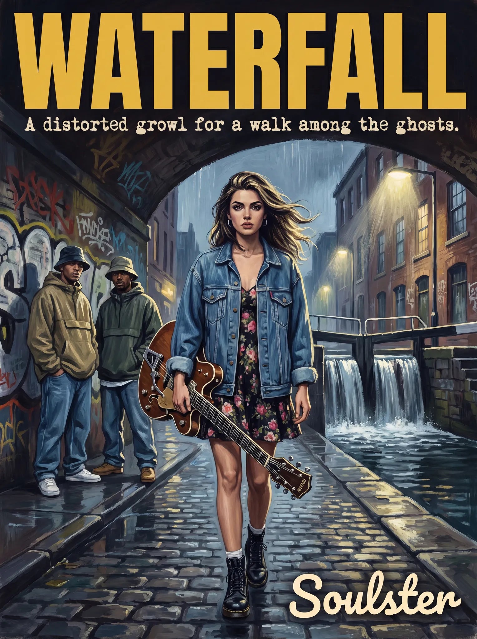 Soulster cinematic vintage pulp book cover art print illustration styled in a classic 1990s design layout inspired by Waterfall.