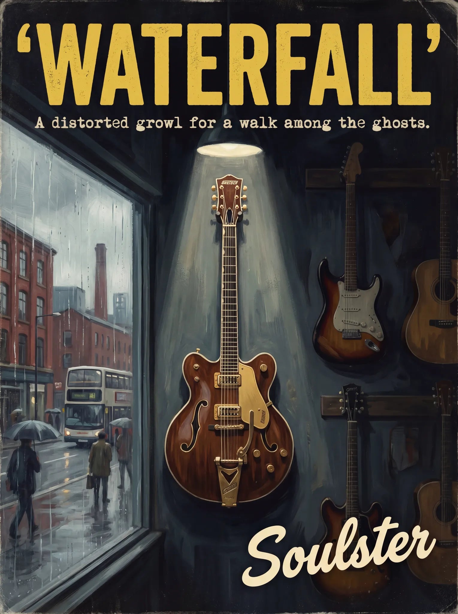 Soulster Manchester Edition wall art print showing a cinematic pulp style design of a Vintage Guitar inspired by Waterfall.