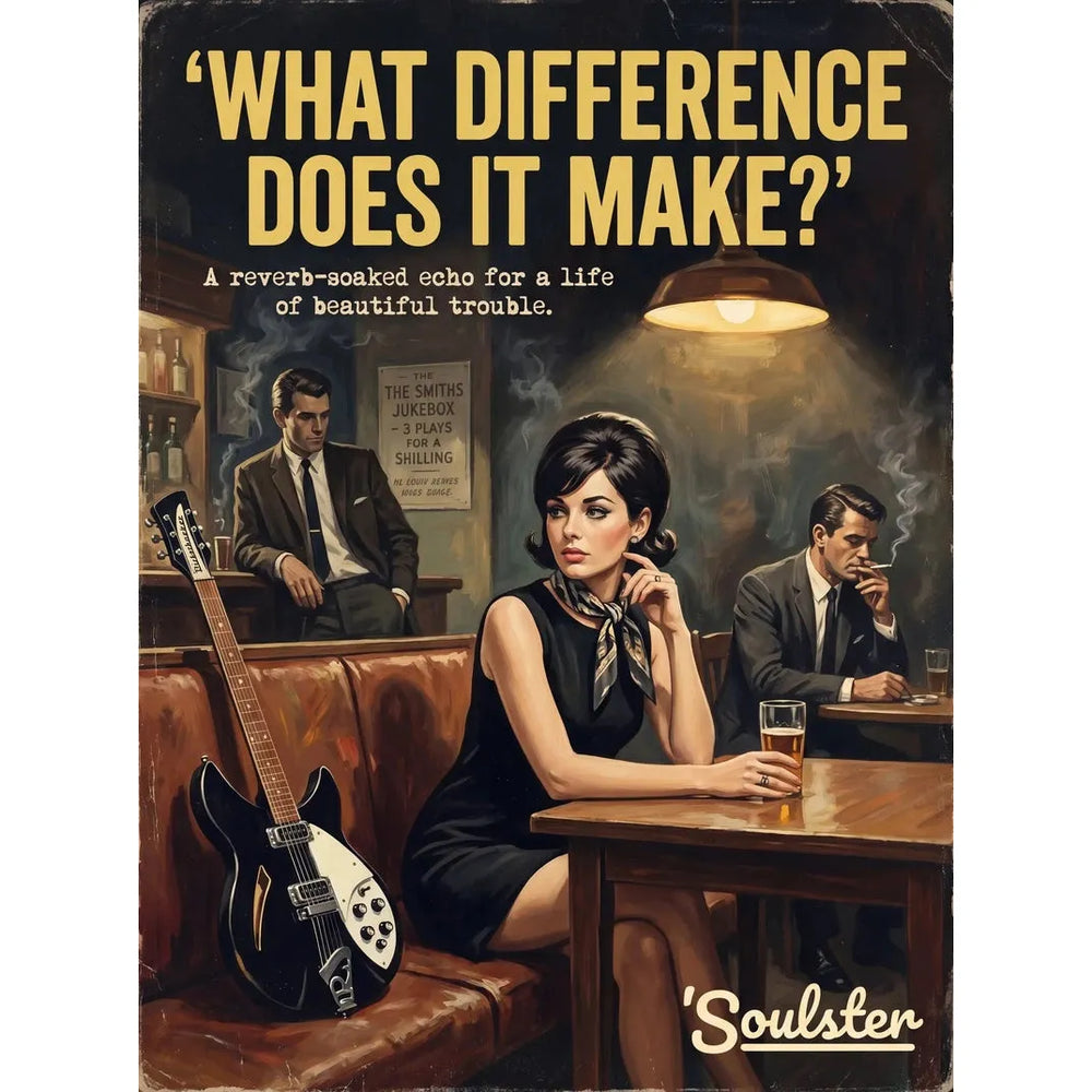 Soulster cinematic vintage pulp book cover art print illustration styled in a classic 1960s design layout inspired by What Difference Does It Make?.