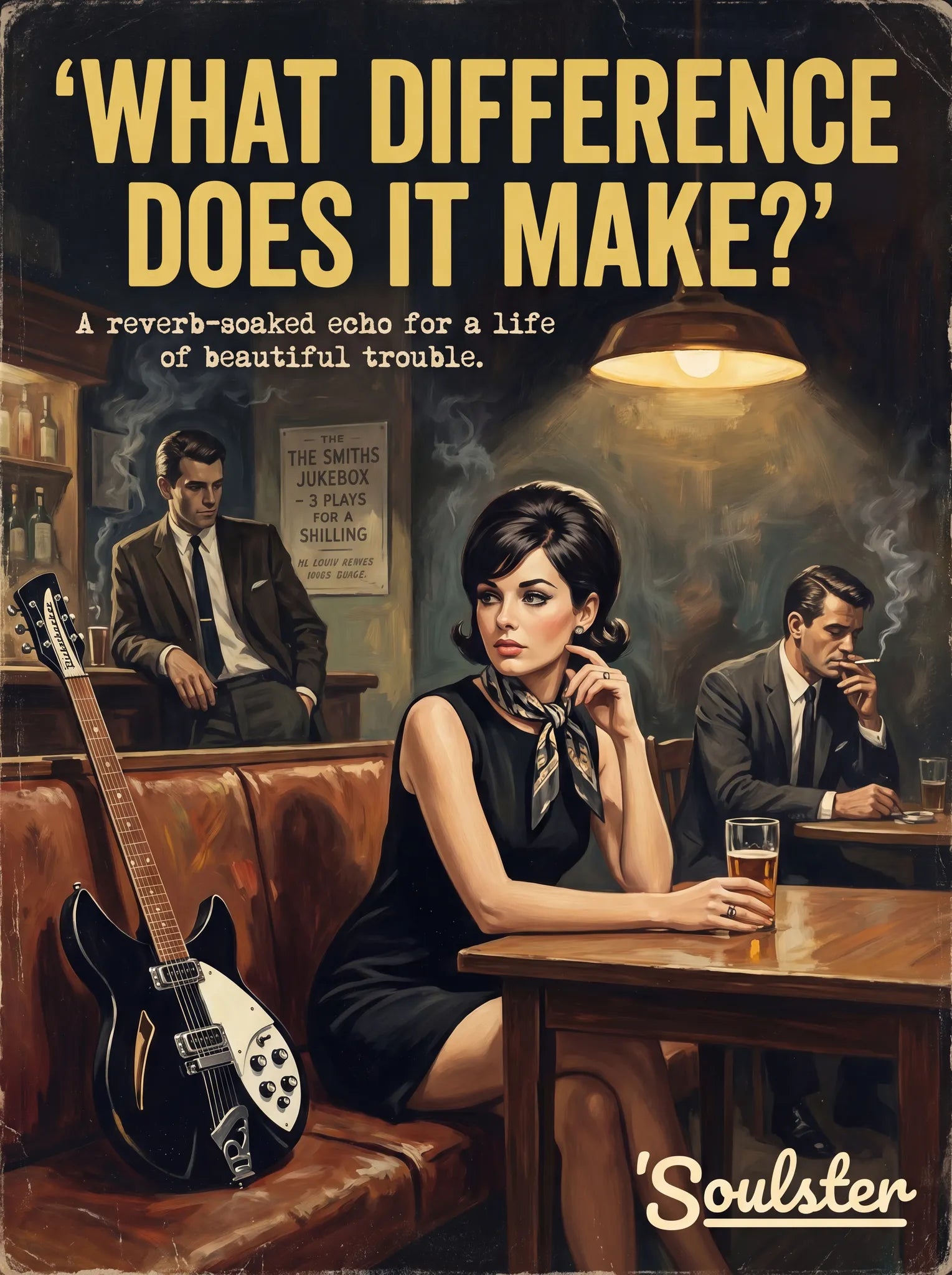 Soulster cinematic vintage pulp book cover art print illustration styled in a classic 1960s design layout inspired by What Difference Does It Make?.