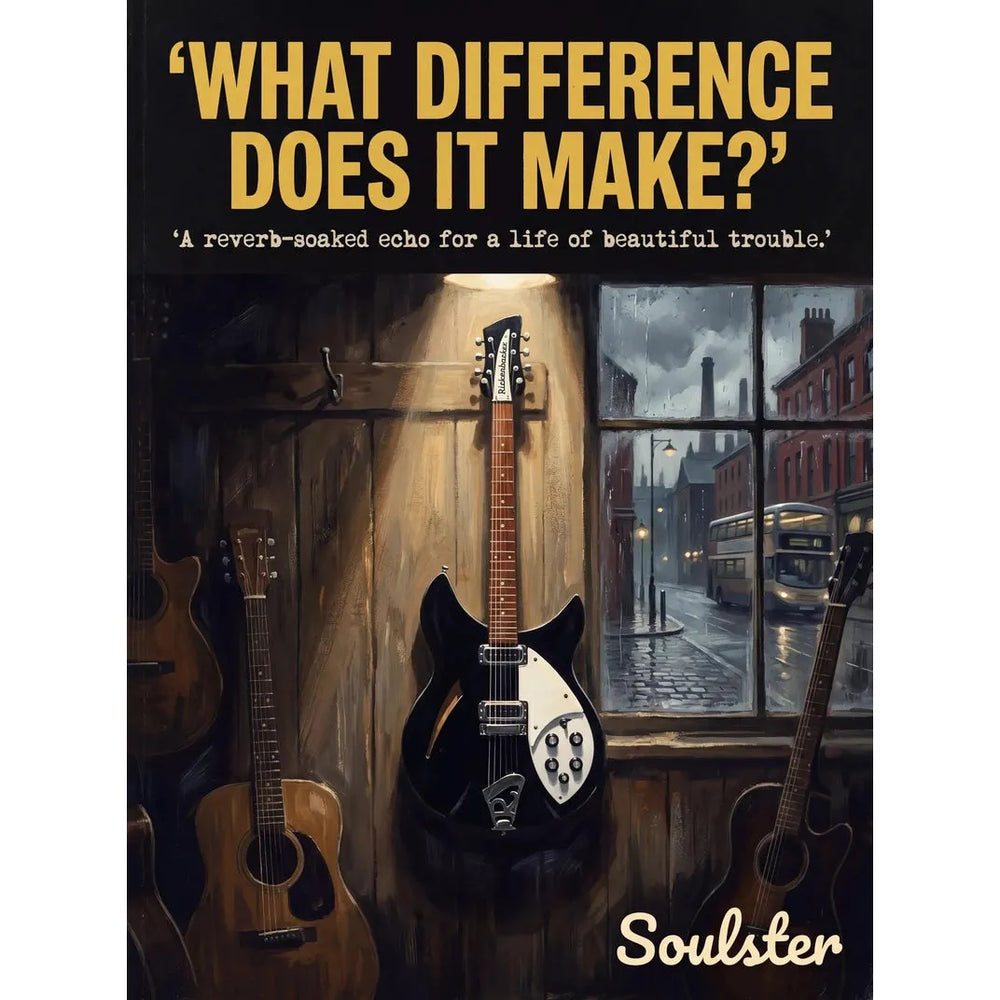 Soulster Manchester Edition wall art print showing a cinematic pulp style design of a Rickenbacker 330 inspired by What Difference Does It Make?.