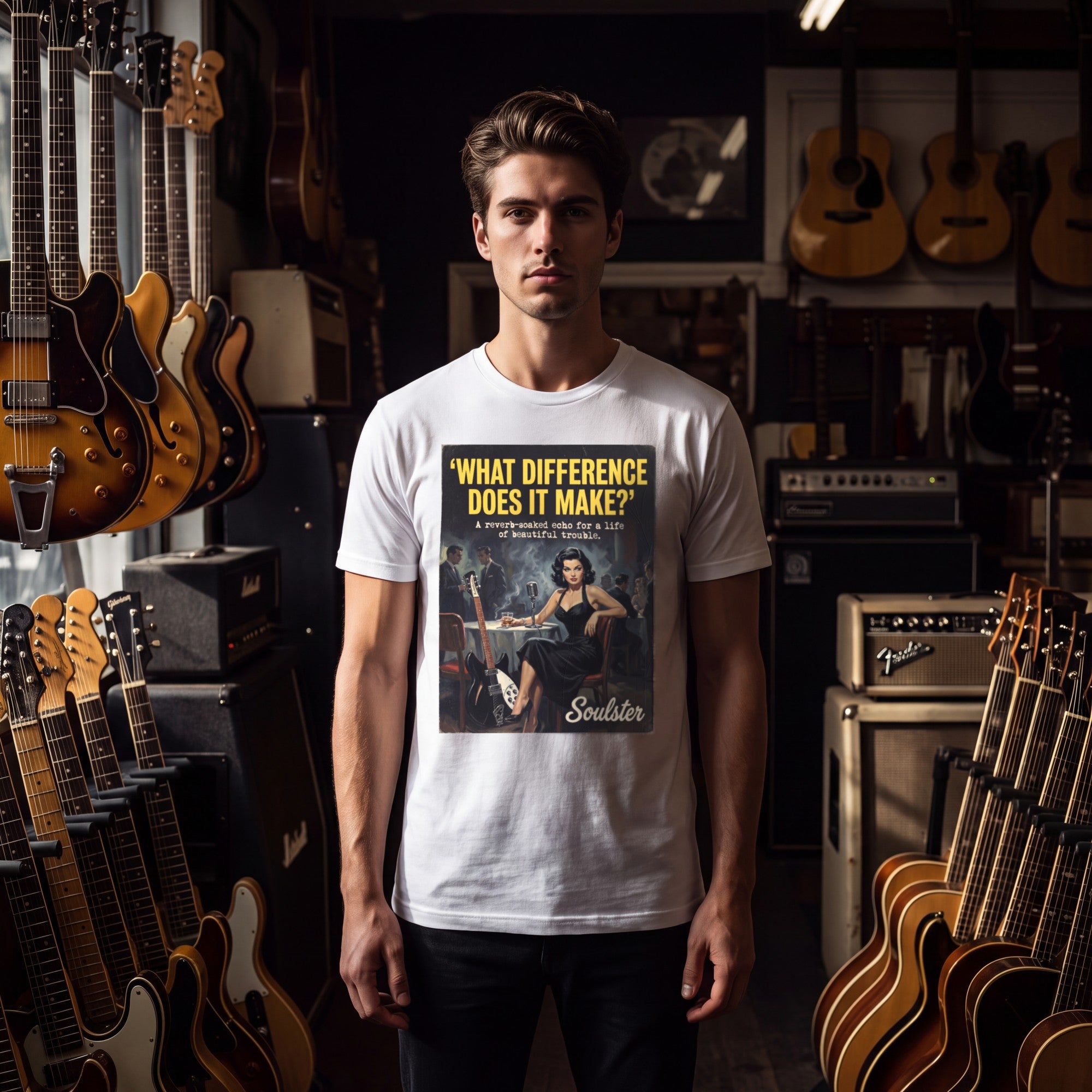 Man wearing the What Difference Does It Make T-Shirt - Film Noir Edition, front view in a vintage guitar shop.