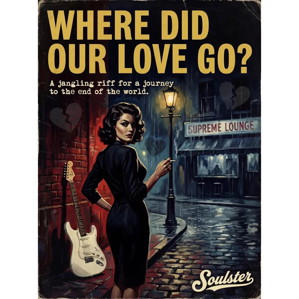Soulster cinematic vintage pulp book cover art print illustration styled in a classic 1950s theme inspired by Where Did Our Love Go?.