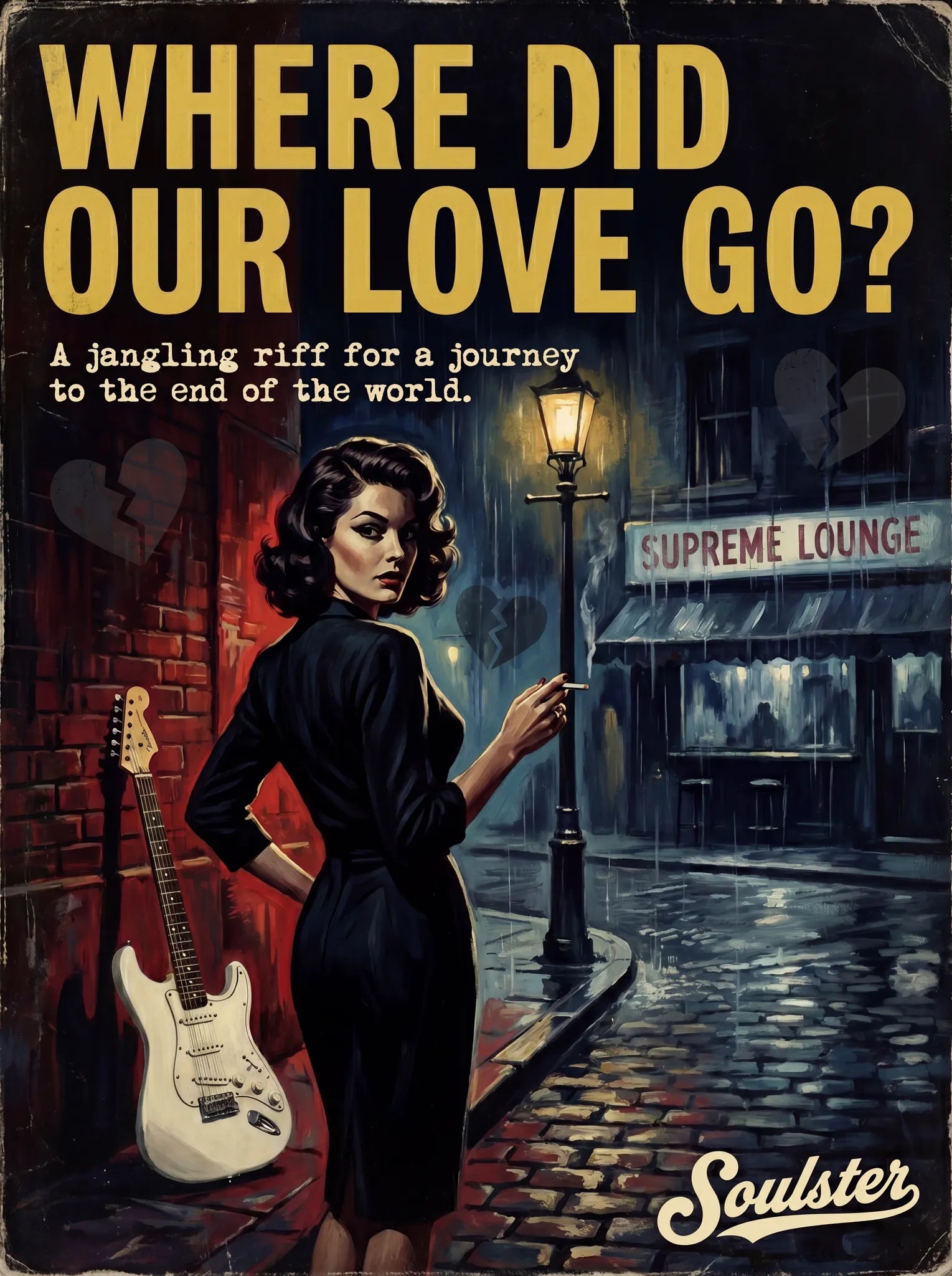 Soulster cinematic vintage pulp book cover art print illustration styled in a classic 1950s theme inspired by Where Did Our Love Go?.