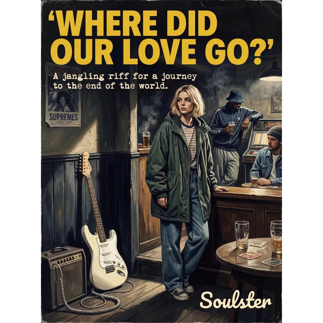 Soulster cinematic vintage pulp book cover art print illustration styled in a classic 1990s theme inspired by Where Did Our Love Go?.