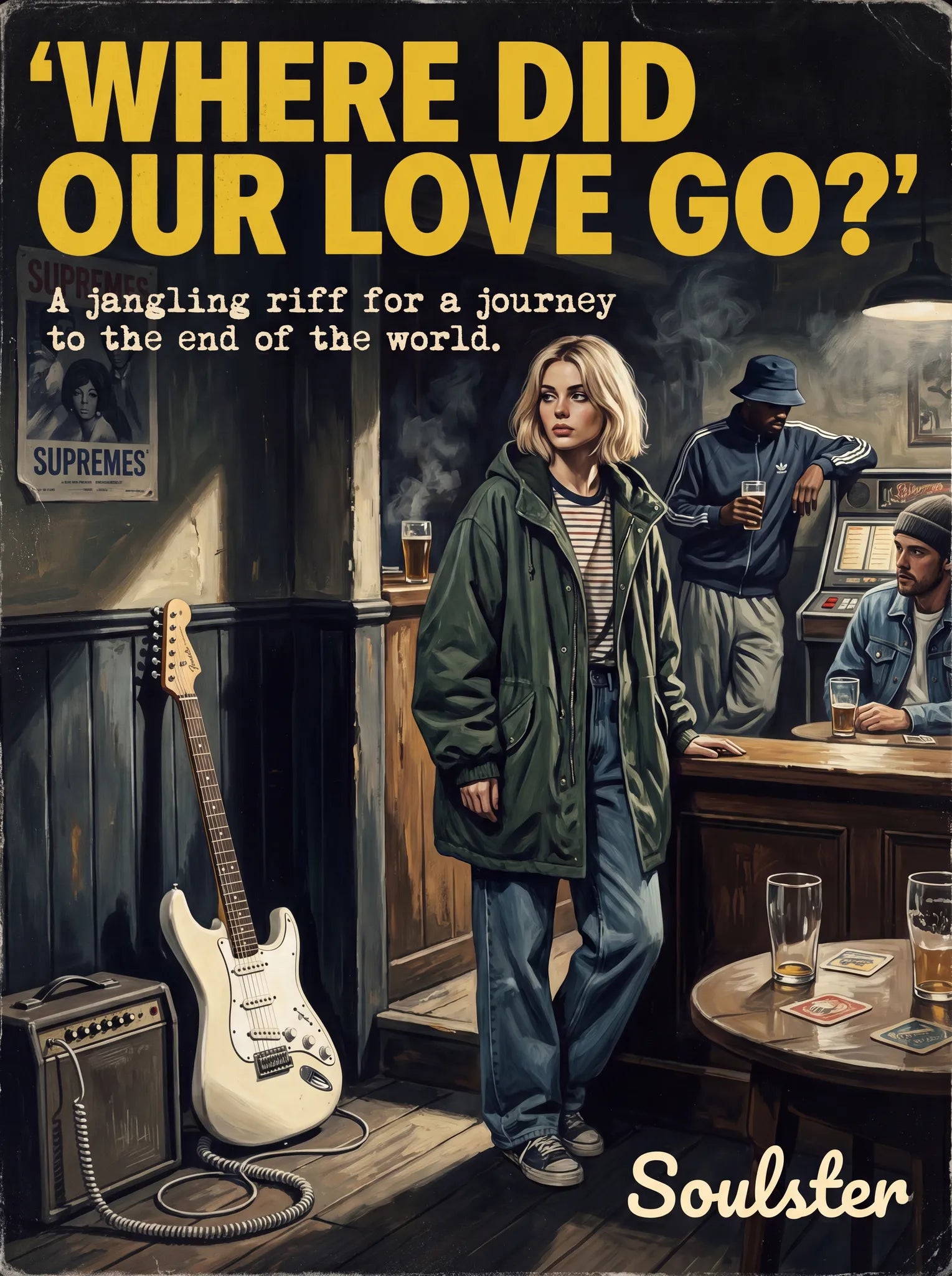 Soulster cinematic vintage pulp book cover art print illustration styled in a classic 1990s theme inspired by Where Did Our Love Go?.