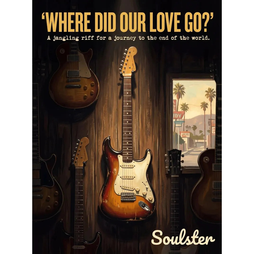 Soulster Manchester Edition wall art print showing a cinematic pulp style design of a Vintage Guitar inspired by Where Did Our Love Go? - Los Angeles.