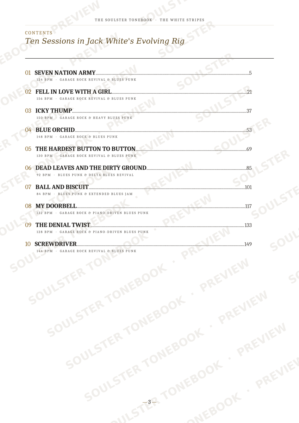 A printed table of contents page from a book, titled 'Ten Sessions in Jack White's Evolving Rig' with track listings and page numbers, overlaid with repeated 'SOULSTER TONEBOOK + PREVIEW' watermarks.