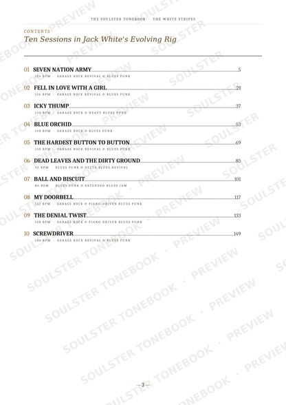A printed table of contents page from a book, titled 'Ten Sessions in Jack White's Evolving Rig' with track listings and page numbers, overlaid with repeated 'SOULSTER TONEBOOK + PREVIEW' watermarks.