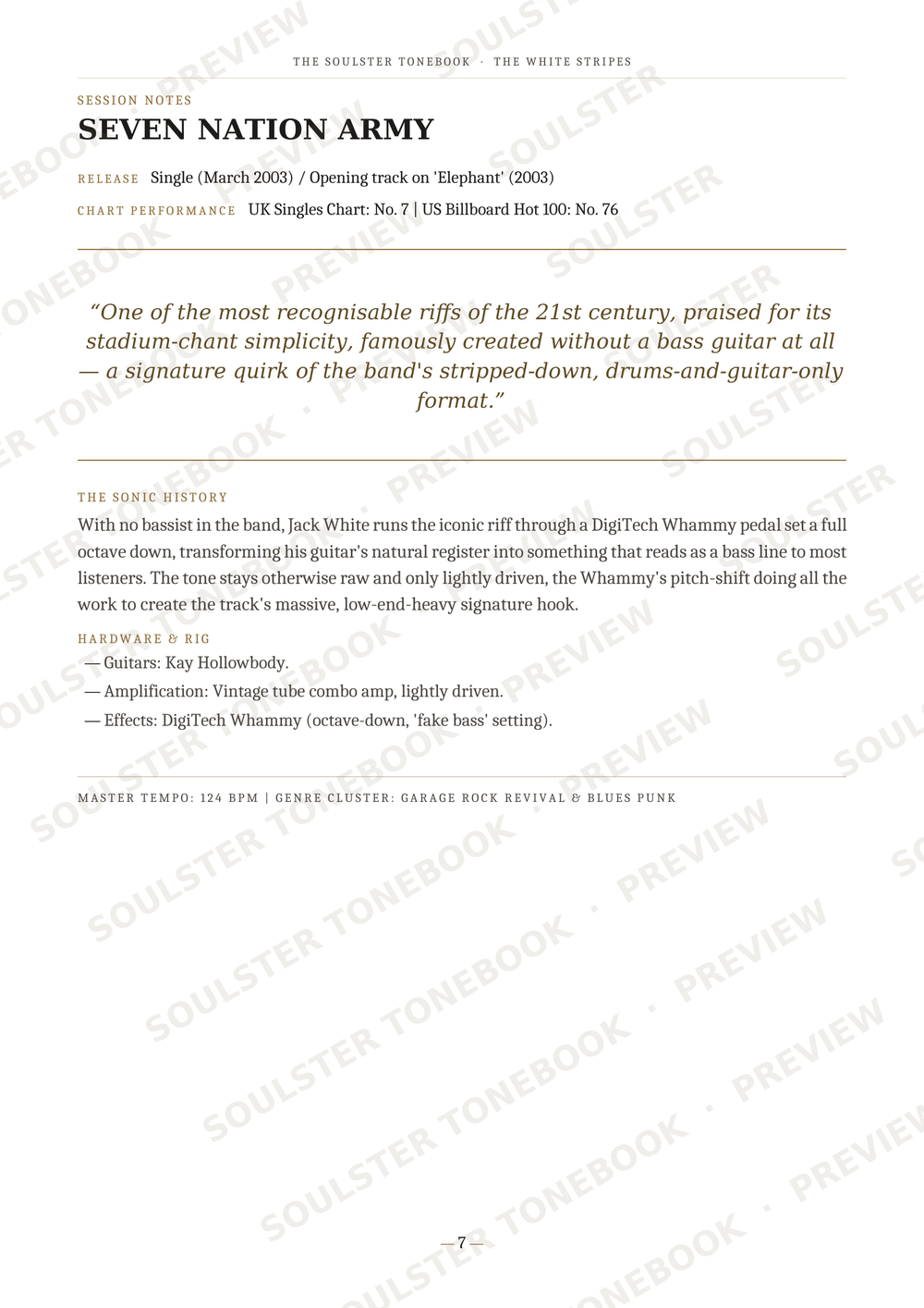 A printed page from a music book or magazine featuring the band name 'SEVEN NATION ARMY' at the top, a quote about the album 'Soul Chant', track listing text, and review copy with repeated diagonal 'SOULSTOREYESTONEBOOKS PREVIEW' watermarks across the page.