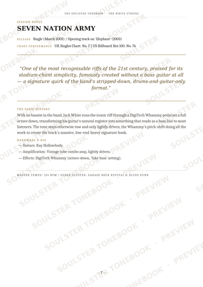 A printed page from a music book or magazine featuring the band name 'SEVEN NATION ARMY' at the top, a quote about the album 'Soul Chant', track listing text, and review copy with repeated diagonal 'SOULSTOREYESTONEBOOKS PREVIEW' watermarks across the page.