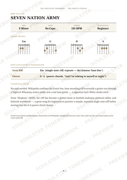 A guitar chord chart page for 'Seven Nation Army' by The White Stripes, showing four guitar neck diagrams for E Minor, G, D, and A chords, along with verse and chorus notation and lyrics.