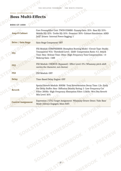 A page of technical specifications and wiring instructions for a Boss GT-1000 multi-effects guitar pedal, detailing parameters like amp cabinet, drive/gain stage, FX1, FX2, delay, reverb, and control assignment. The page features a white background with black text and a light beige table, overlaid with diagonal 'SOULSTER TONEBOOKS PREVIEW' watermarks.