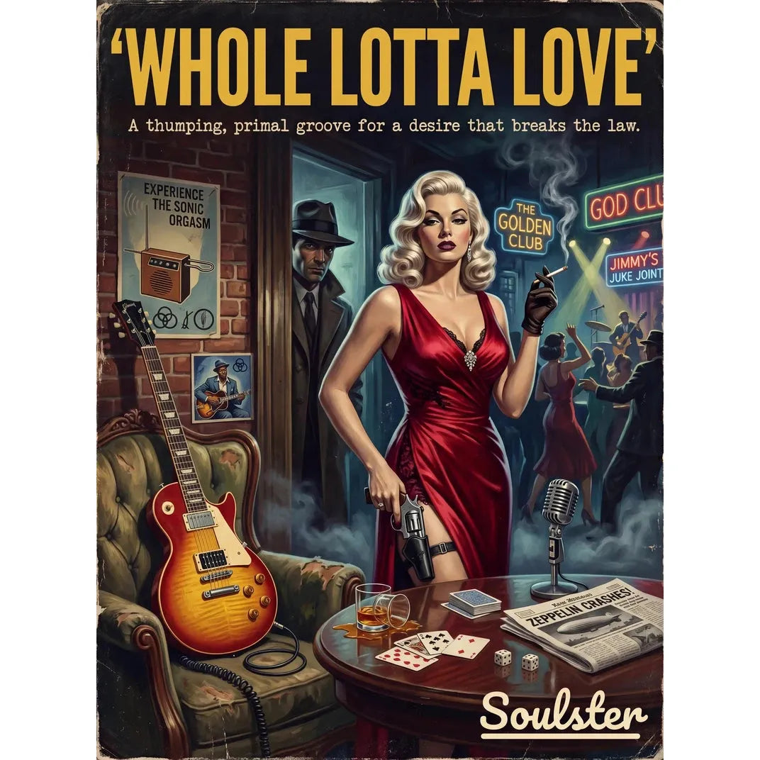 Soulster cinematic vintage pulp book cover art print illustration styled in a classic 1950s design layout inspired by Whole Lotta Love.