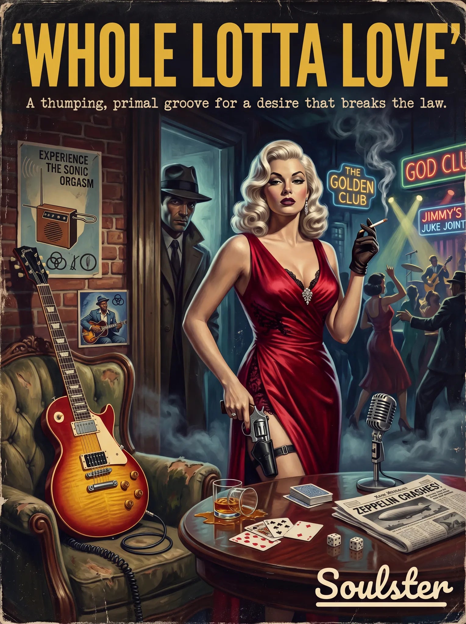 Soulster cinematic vintage pulp book cover art print illustration styled in a classic 1950s design layout inspired by Whole Lotta Love.