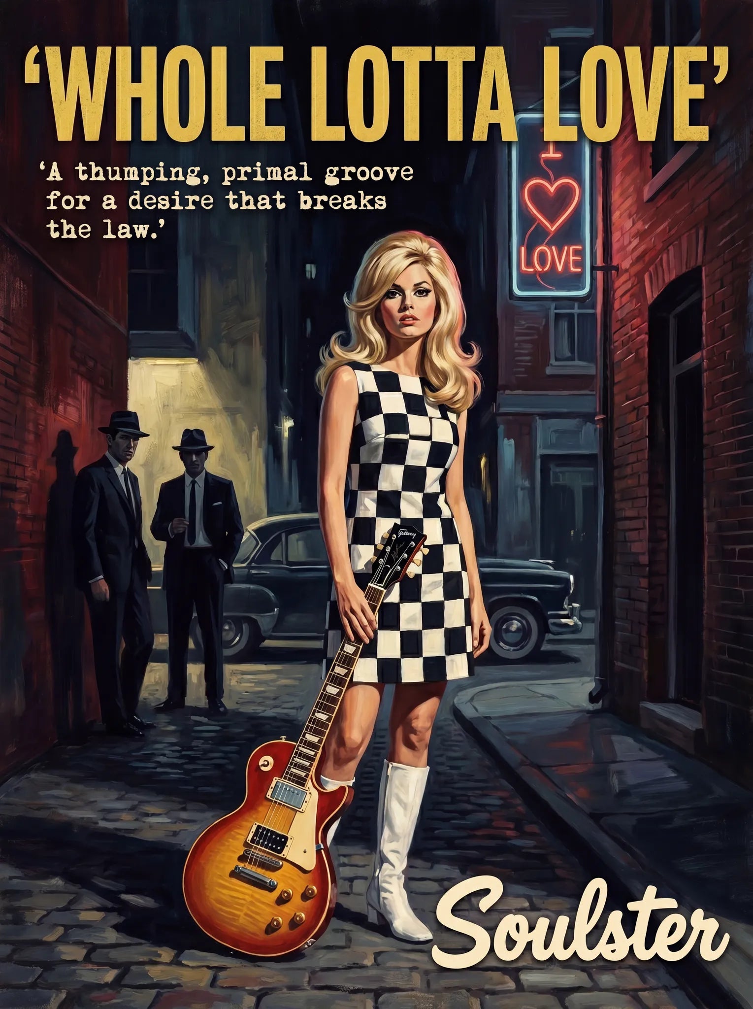 Soulster cinematic vintage pulp book cover art print illustration styled in a classic 1960s design layout inspired by Whole Lotta Love.
