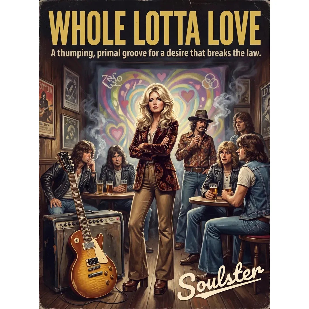 Soulster cinematic vintage pulp book cover art print illustration styled in a classic 1970s design layout inspired by Whole Lotta Love.