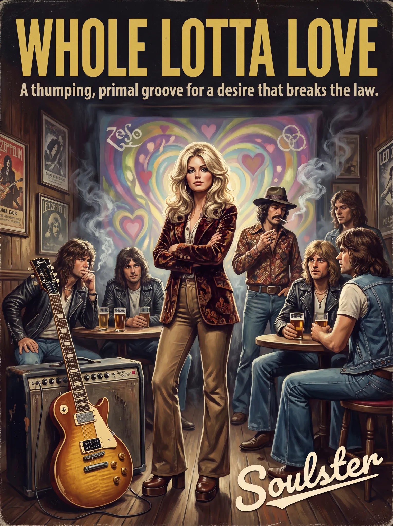 Soulster cinematic vintage pulp book cover art print illustration styled in a classic 1970s design layout inspired by Whole Lotta Love.