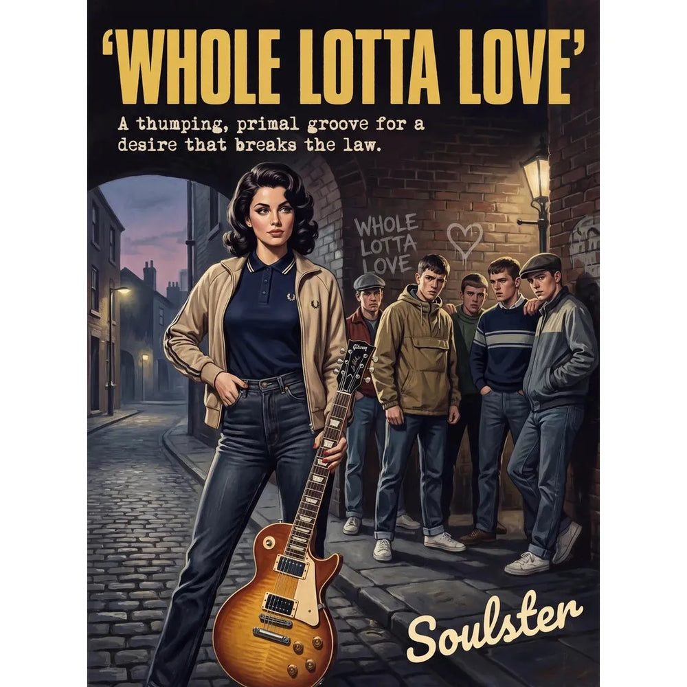 Soulster retro pulp thriller book cover style art print illustration inspired by Led Zeppelin - Whole Lotta Love.