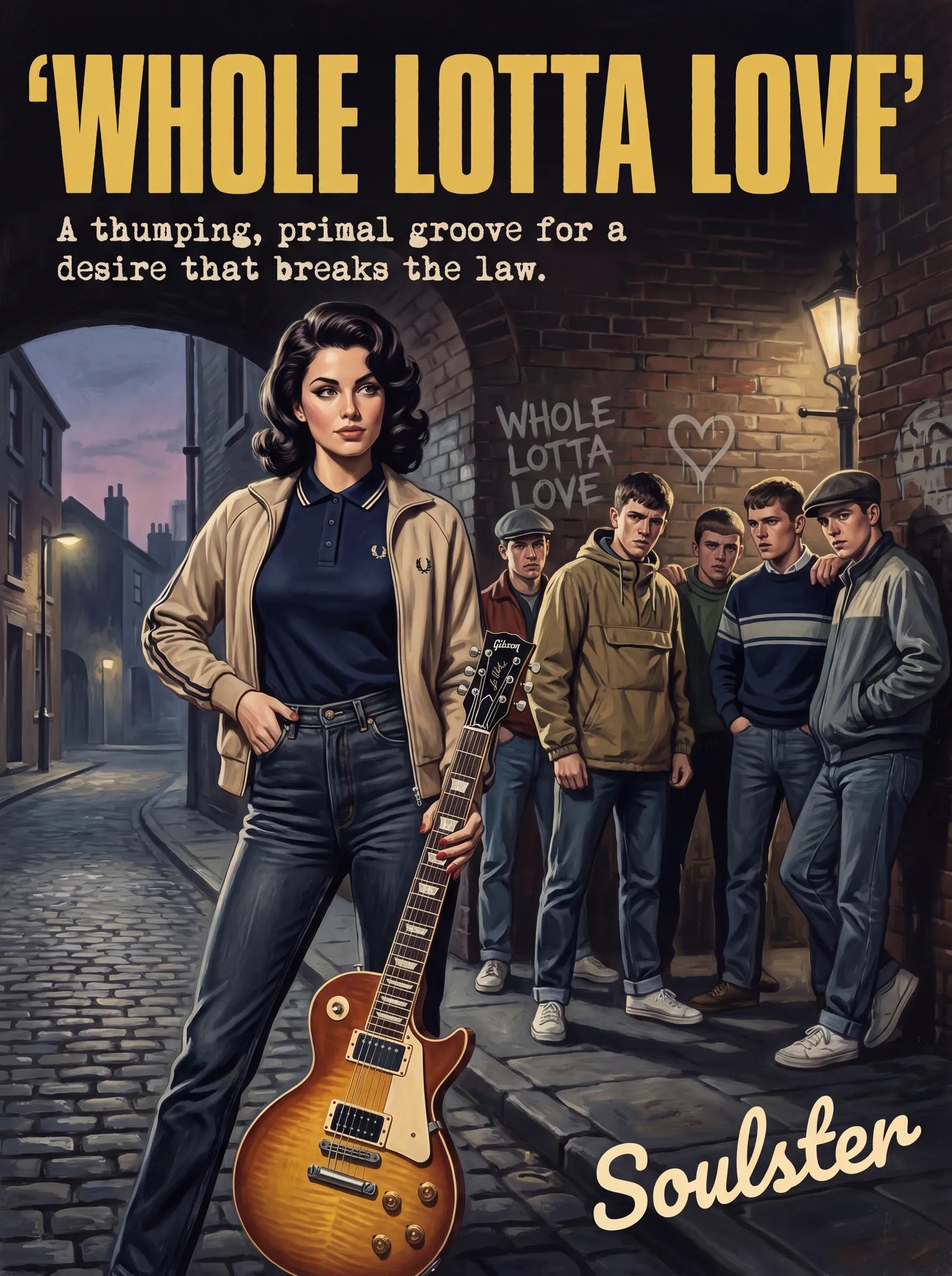 Soulster retro pulp thriller book cover style art print illustration inspired by Led Zeppelin - Whole Lotta Love.