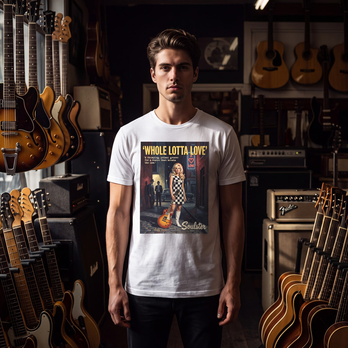 Man wearing the Whole Lotta Love T-Shirt - Paperback Edition, front view in a vintage guitar shop.