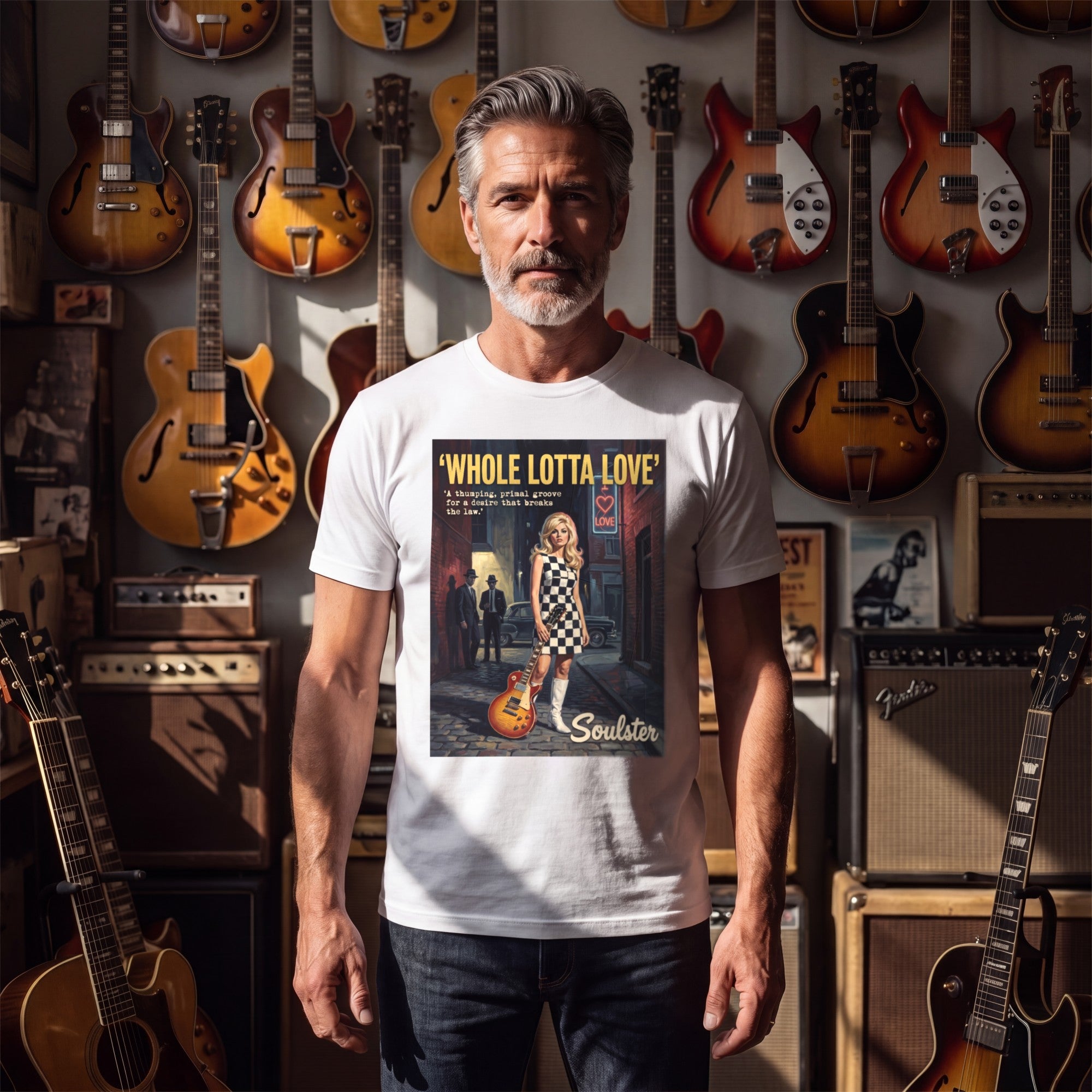 Man wearing the Whole Lotta Love T-Shirt - Paperback Edition in a guitar shop in natural daylight.