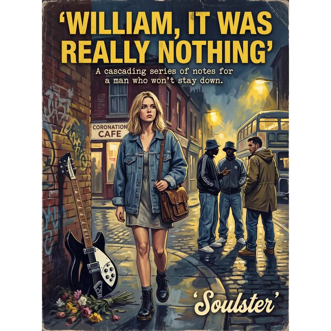 Soulster cinematic vintage pulp book cover art print illustration styled in a classic 1990s design layout inspired by William, It Was Really Nothing.