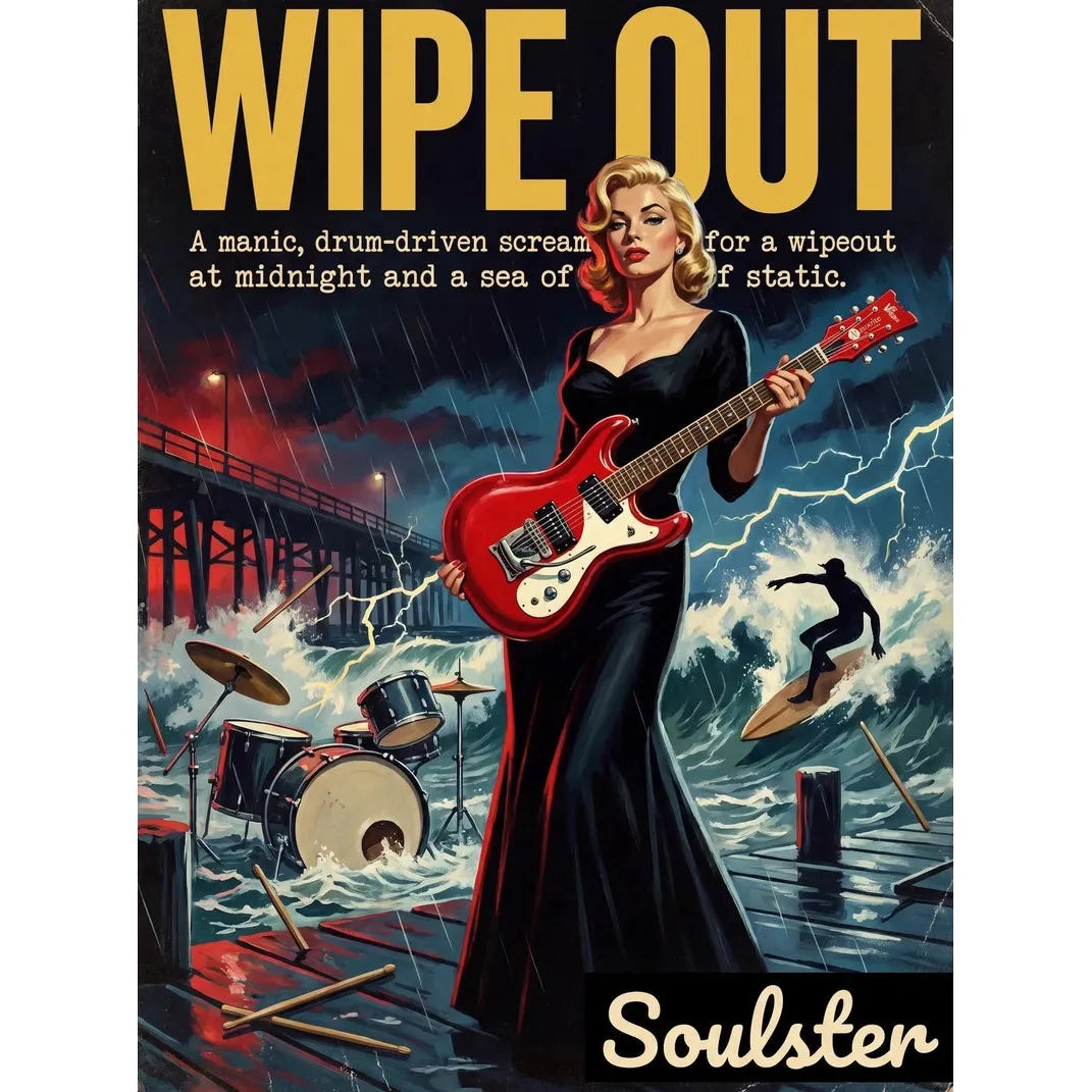 Soulster cinematic vintage pulp book cover art print illustration styled in a classic 1950s theme inspired by Wipe Out.