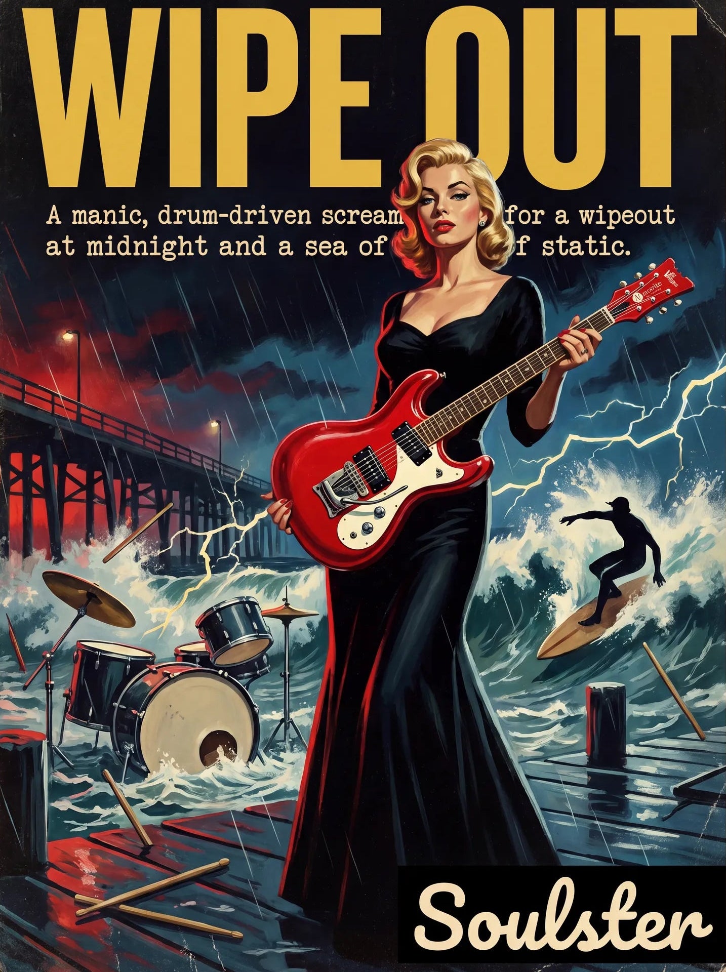 Soulster cinematic vintage pulp book cover art print illustration styled in a classic 1950s theme inspired by Wipe Out.