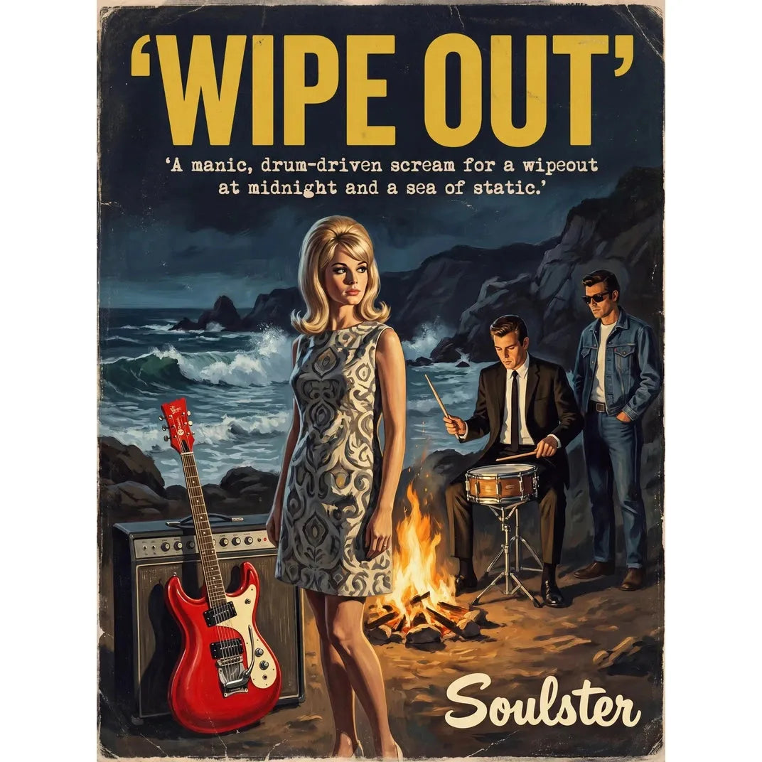 Soulster cinematic vintage pulp book cover art print illustration styled in a classic 1960s theme inspired by Wipe Out.